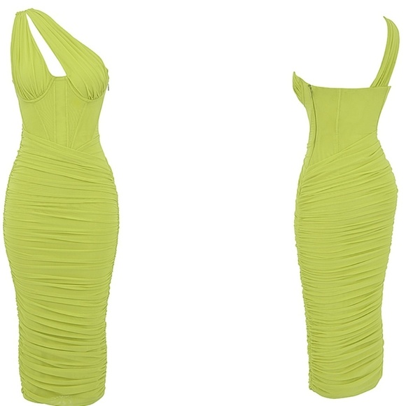 HOUSE OF CB 'Valentina'Lime neon Asymmetric Cutout Midi‎ Dress/Size XS plus cup - Picture 5 of 16